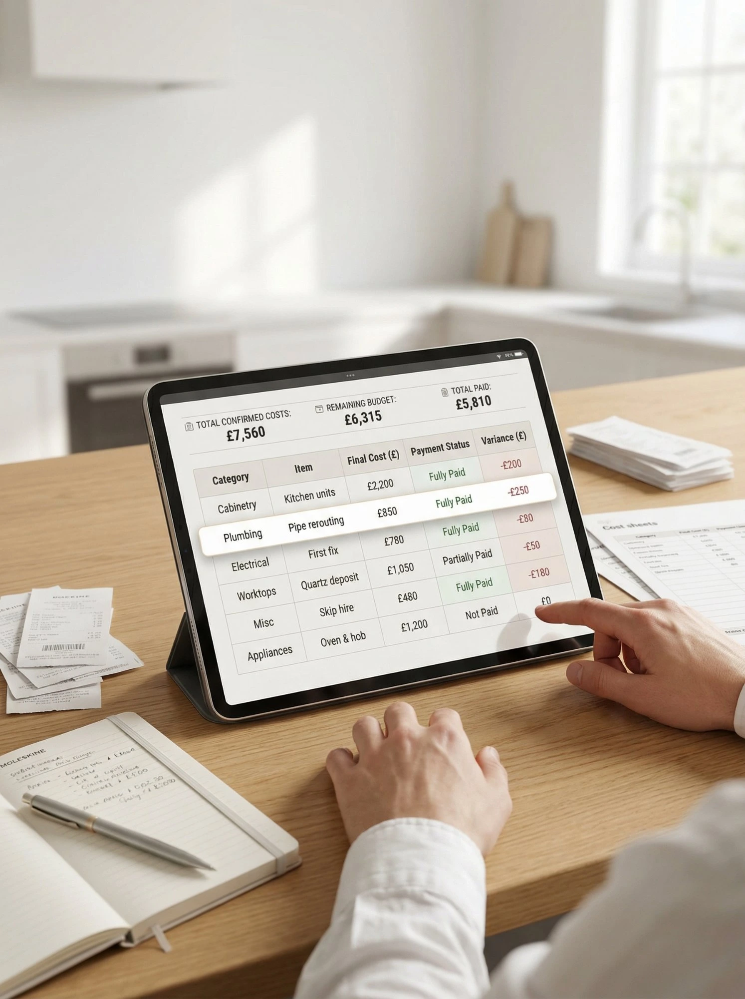 Expense Tracker — live costs, payment status and variance on iPad in use