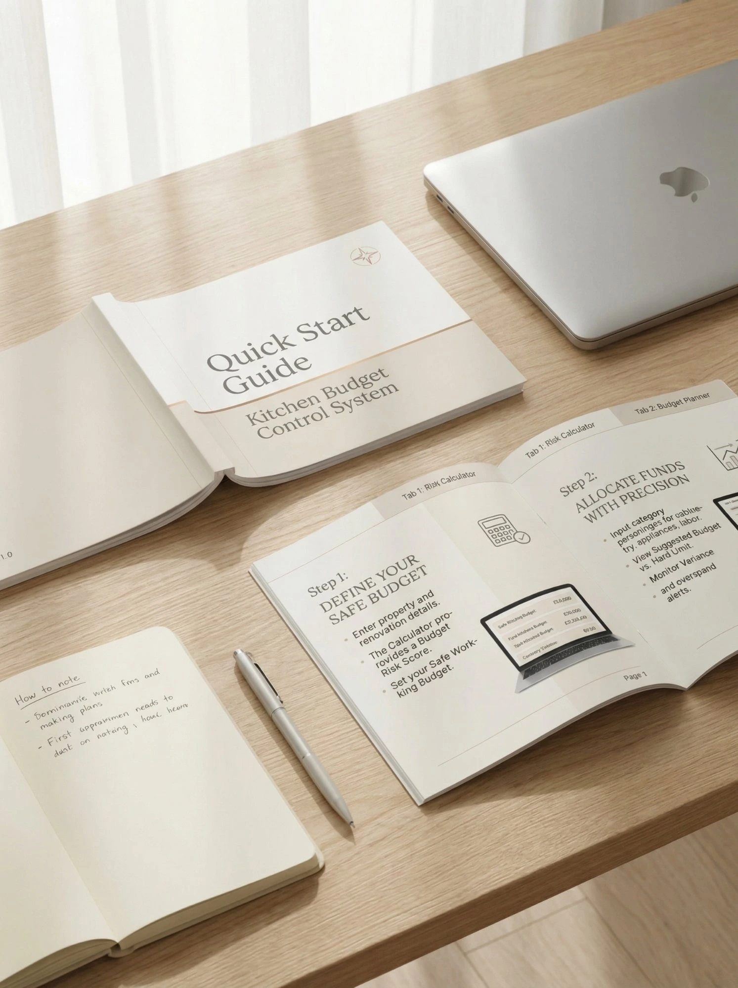 Quick Start Guide — Kitchen Budget Control System open on desk with MacBook