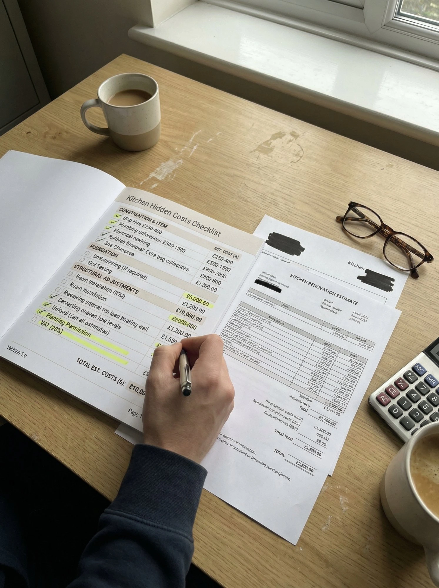 Hidden Costs Checklist in use — highlighted entries against a builder's quote
