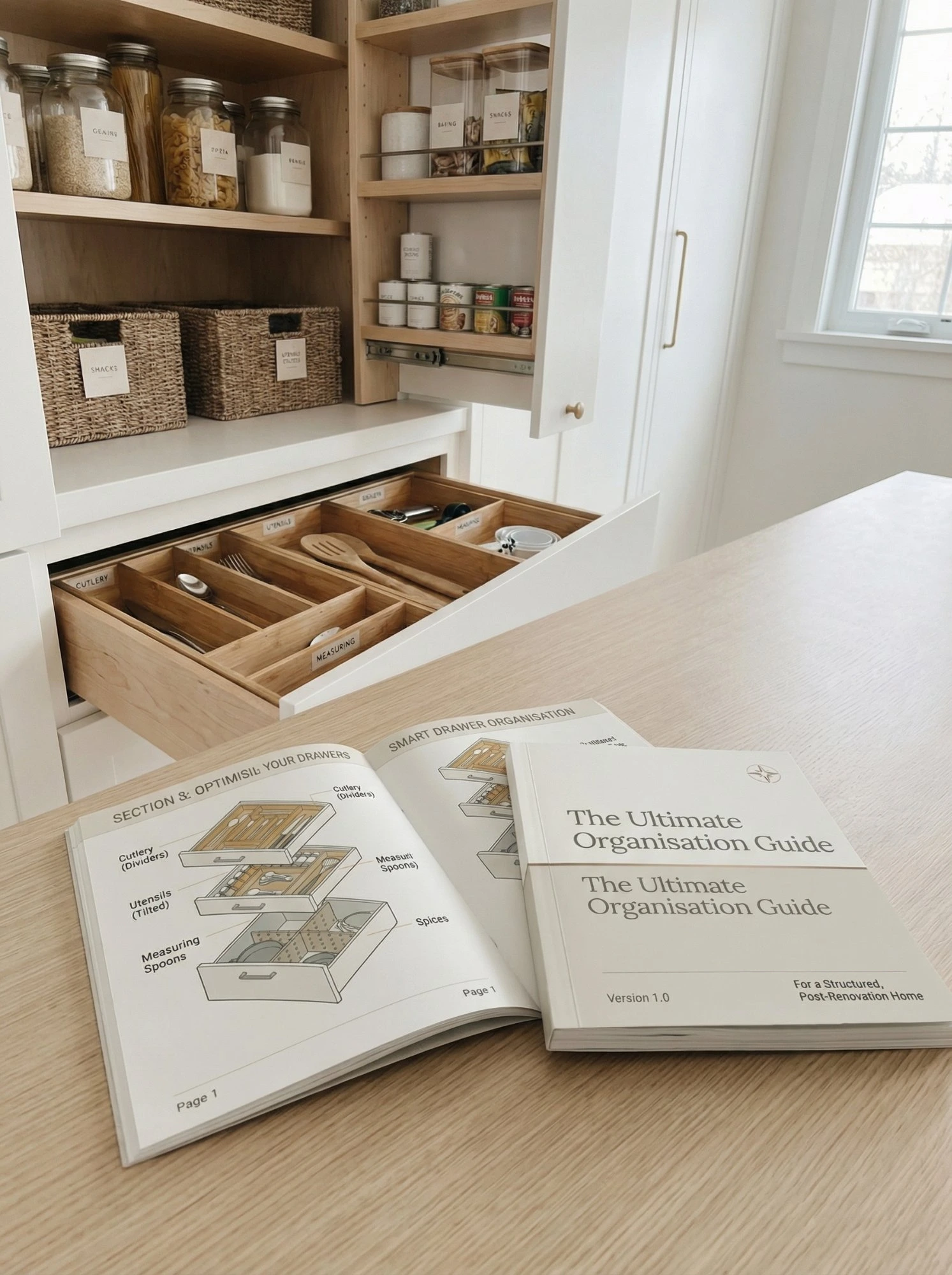 The Ultimate Organisation Guide open on kitchen table with organised pantry behind