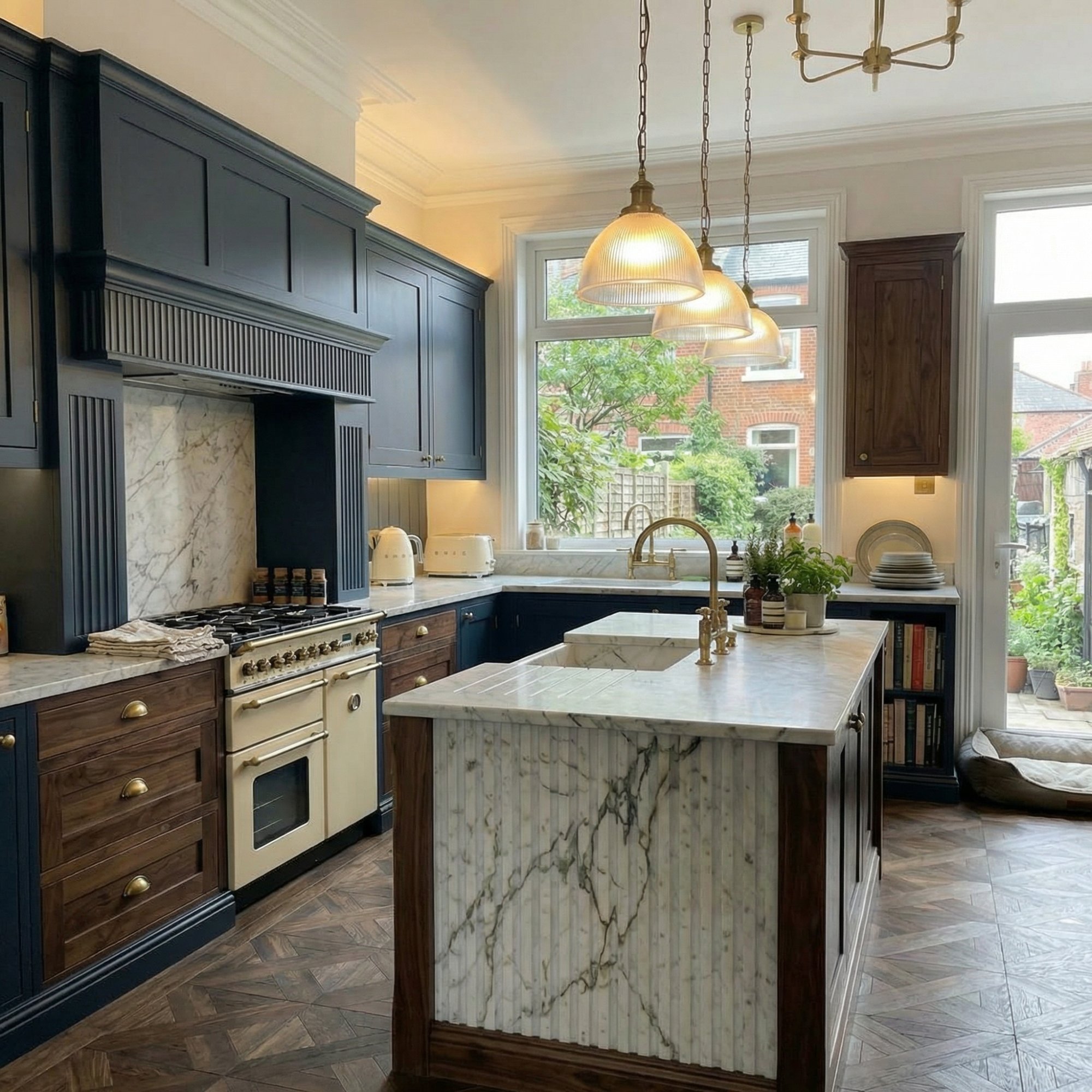 Edwardian end-of-terrace kitchen London — navy blue cabinetry, marble island
