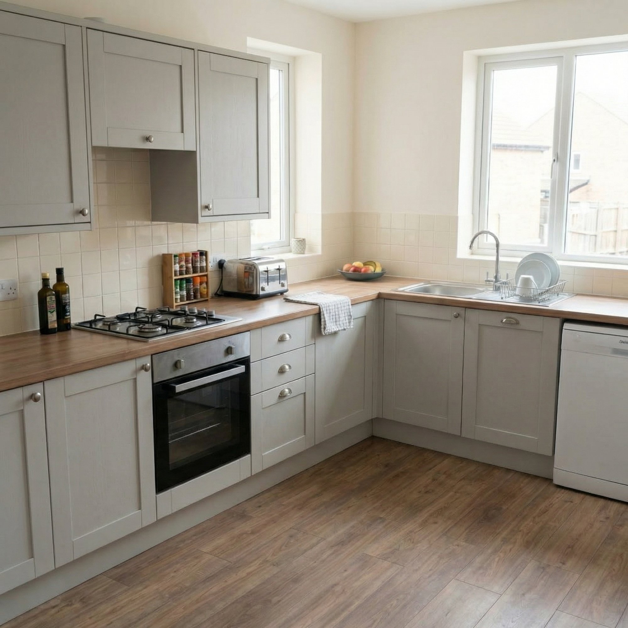 1950s semi-detached kitchen — sage green cabinets