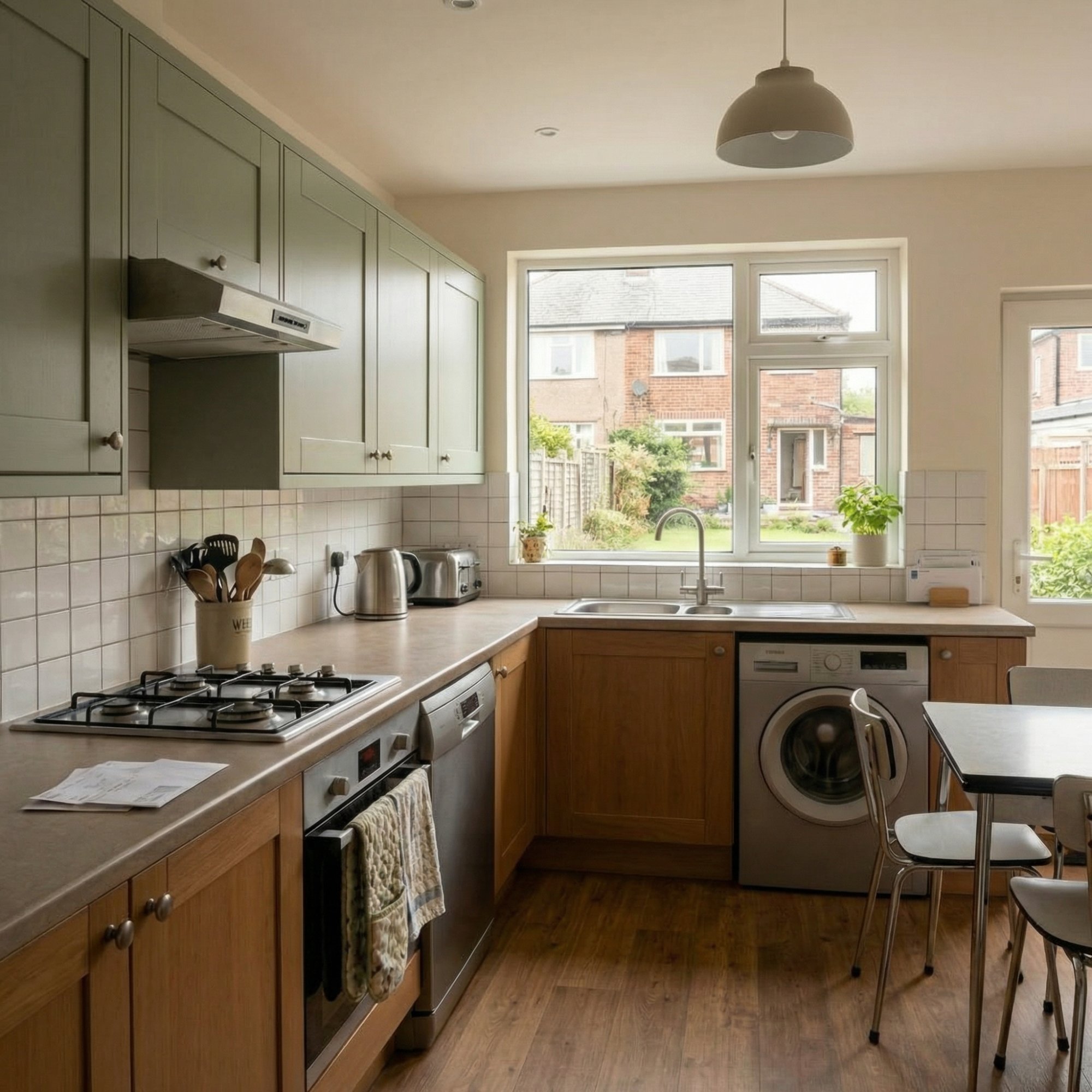 1930s semi-detached kitchen Leeds — grey shaker units, wood worktop
